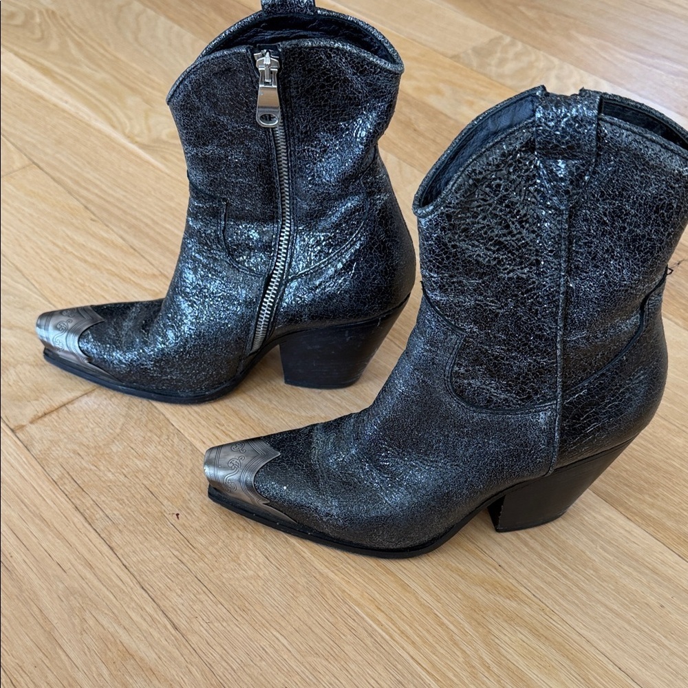 Free People Metallic Black Western Ankle Boot with Pewter Toe - Picture 3 of 7